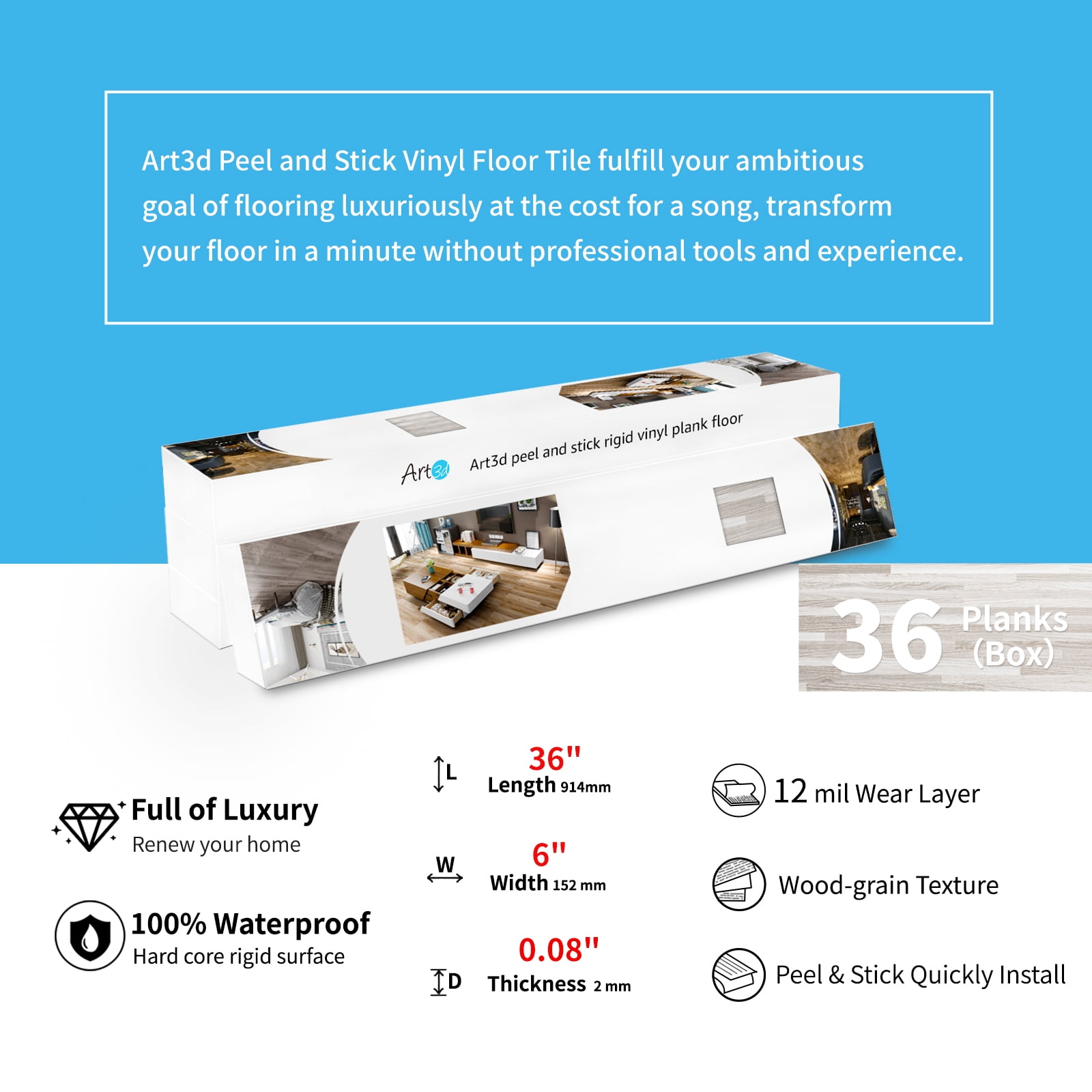 Art3d Peel and Stick Floor Tile Vinyl Wood Plank 54 Sq.Ft, Rigid Surface Self-Adhesive Flooring in Dusty Grey