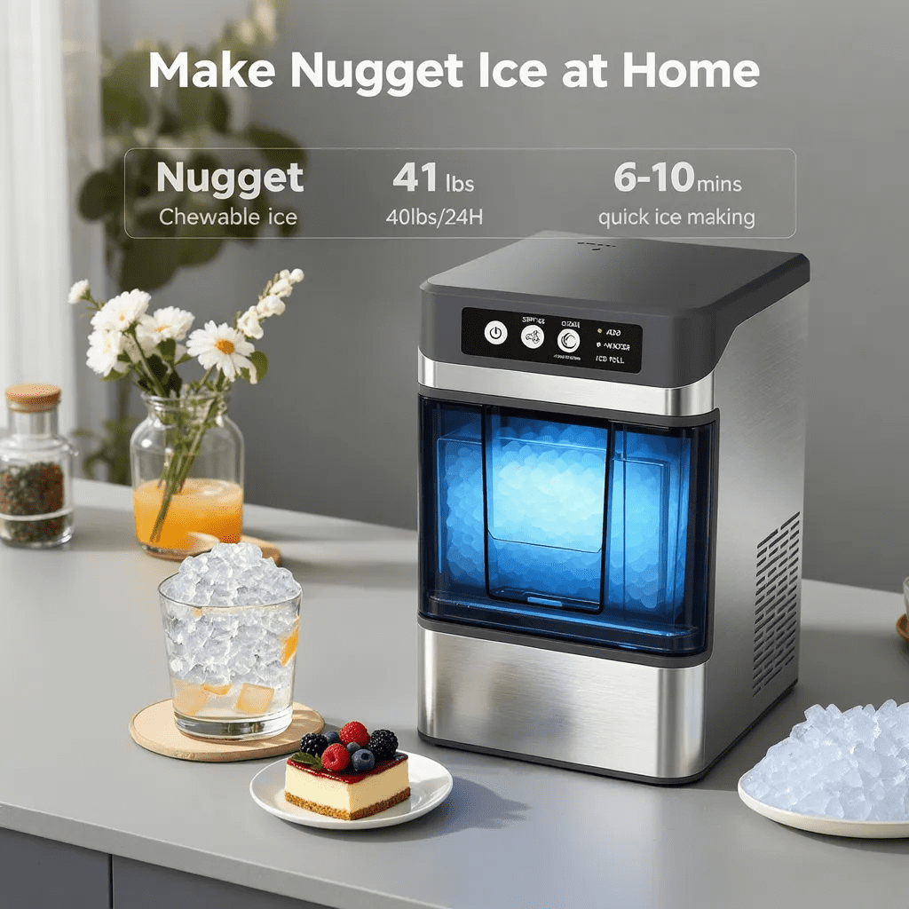 Advwin Nugget Ice Maker Countertop ,41lbs per Day Portable Chewable Ice Machine Ready in 6 Minutes with Self Cleaning