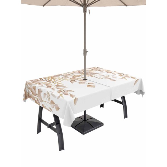 Outdoor Tablecloths with Umbrella Hole & Zipper, Eucalyptus Leaves 54x80 Inch Tablecloth Rectangle, Khaki Summer Botanical Weeping Waterproof Table Cloth, Patio/Pool/Picnic Table Covers