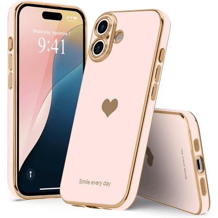 Entronix Love Heart Case Compatible with iPhone 16, Glossy Cute Cover, Rose