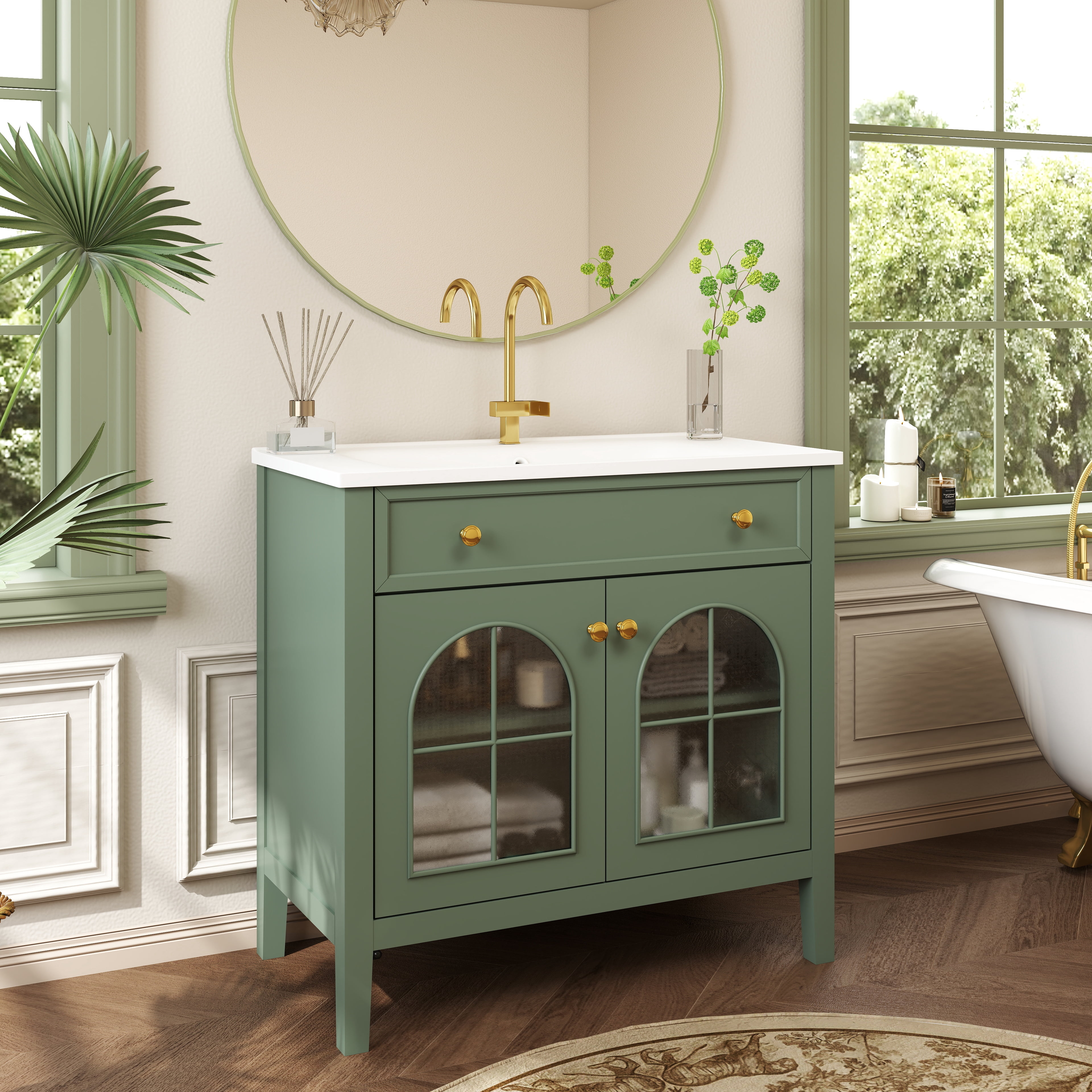 LiviNest Motion-Sensor Bathroom Vanity: 0-Second Auto-Light Medieval Vanity - Ample Storage for Apartment Bathrooms & Guest Powder Rooms - Green Freestanding Vanity with Patterned Glass