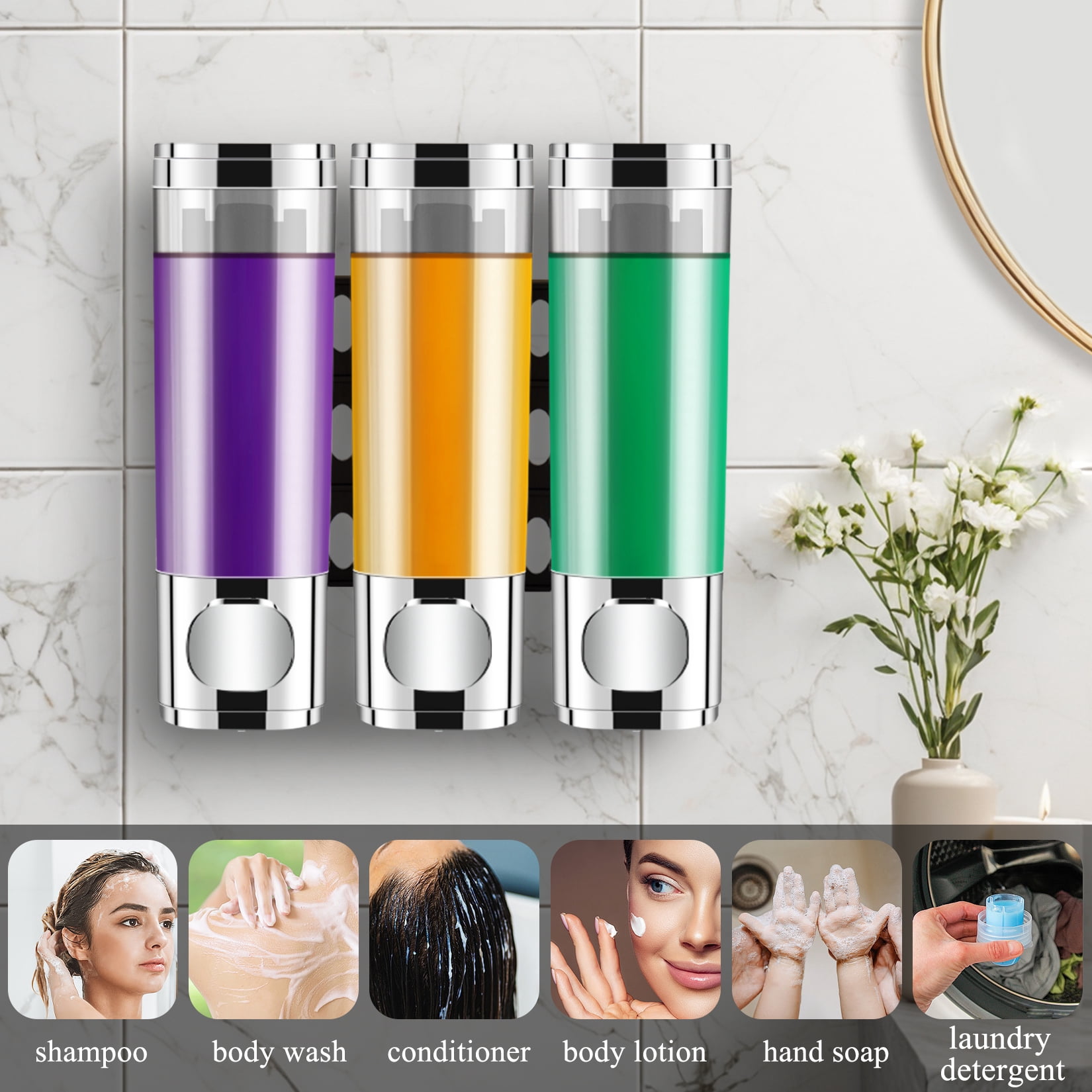Shampoo Dispenser for Shower, Shower Shampoo Dispenser 3 Chamber, Shower Soap Dispenser Wall Mounted, Suitable for Bathroom, Kitchen, Hotel(Silver)