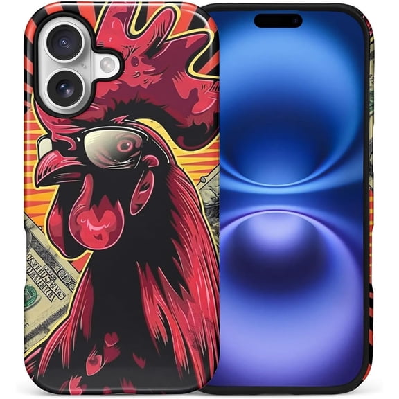 Case for iPhone 17 Case, Hybrid 2-Layer Silicone Protective Glossy Case for Girl Women Case for iPhone 17 Sunglasses Red Rooster Pattern