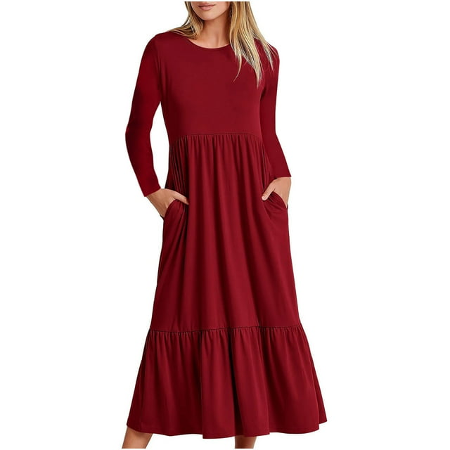 Yuyuzo Fall Dresses for Women Long Sleeve Crew Neck Ruched Ruffle Flowy Comfy Basic Maxi Dress Solid Color