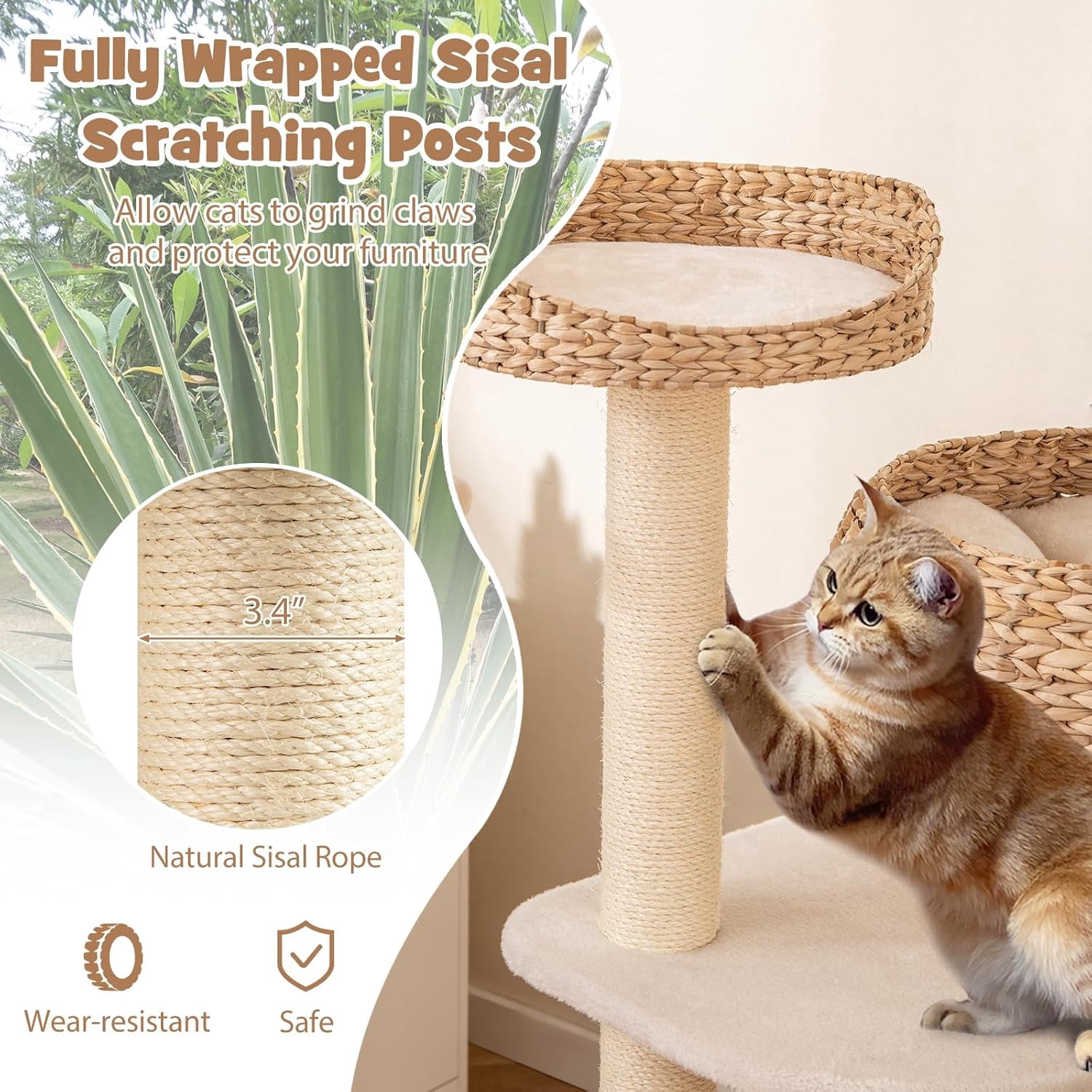 LEHOME Modern Cat Tree, Tall Cat Tower with Natural Sisal Scratching Post, Hand-Made Wicker Cat Condo & Top Perch, Funny Hanging Toy Ball, Cute Cat Tree Tower for Indoor Cats