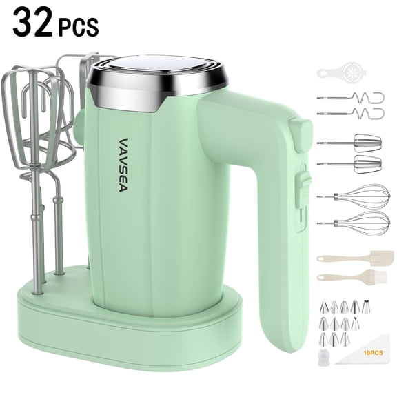 VAVSEA Electric Hand Mixer with 32 Attachments, Includes 2 Whisk, 2 Dough Hooks, 2 Beater, Cake Decorating, 500W Handheld Mixer for kitchen, Baking, Blending, Green