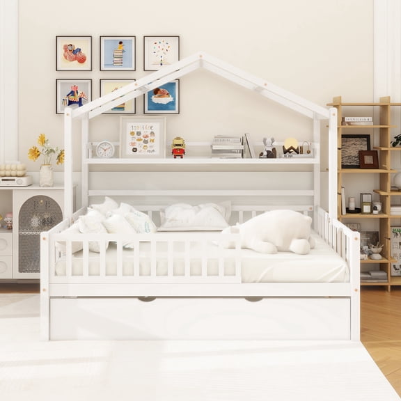 Wooden Full Size House Bed with Twin Size Trundle,Kids Bed with Shelf, White