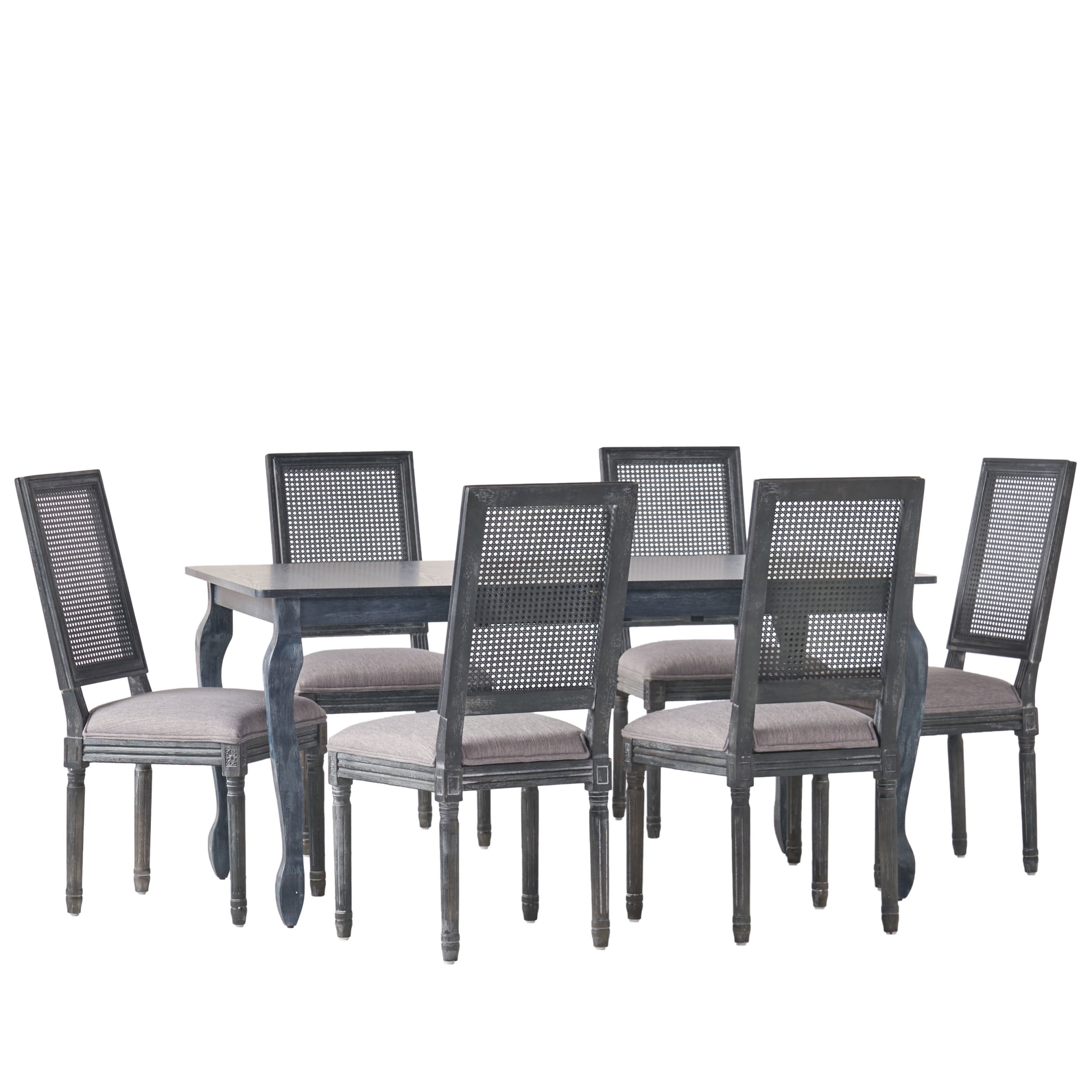 Noble House Fescue Fabric Upholstered Wood and Cane Expandable 7 Piece Dining Set, Gray
