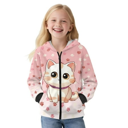 Psesaysky Full Zip Up Cropped Hoodies for Girls Cute Cat&Paw Print Teen Cozy Long Sleeve Full-Zip Sweatshirts Jackets with Pockets Size M