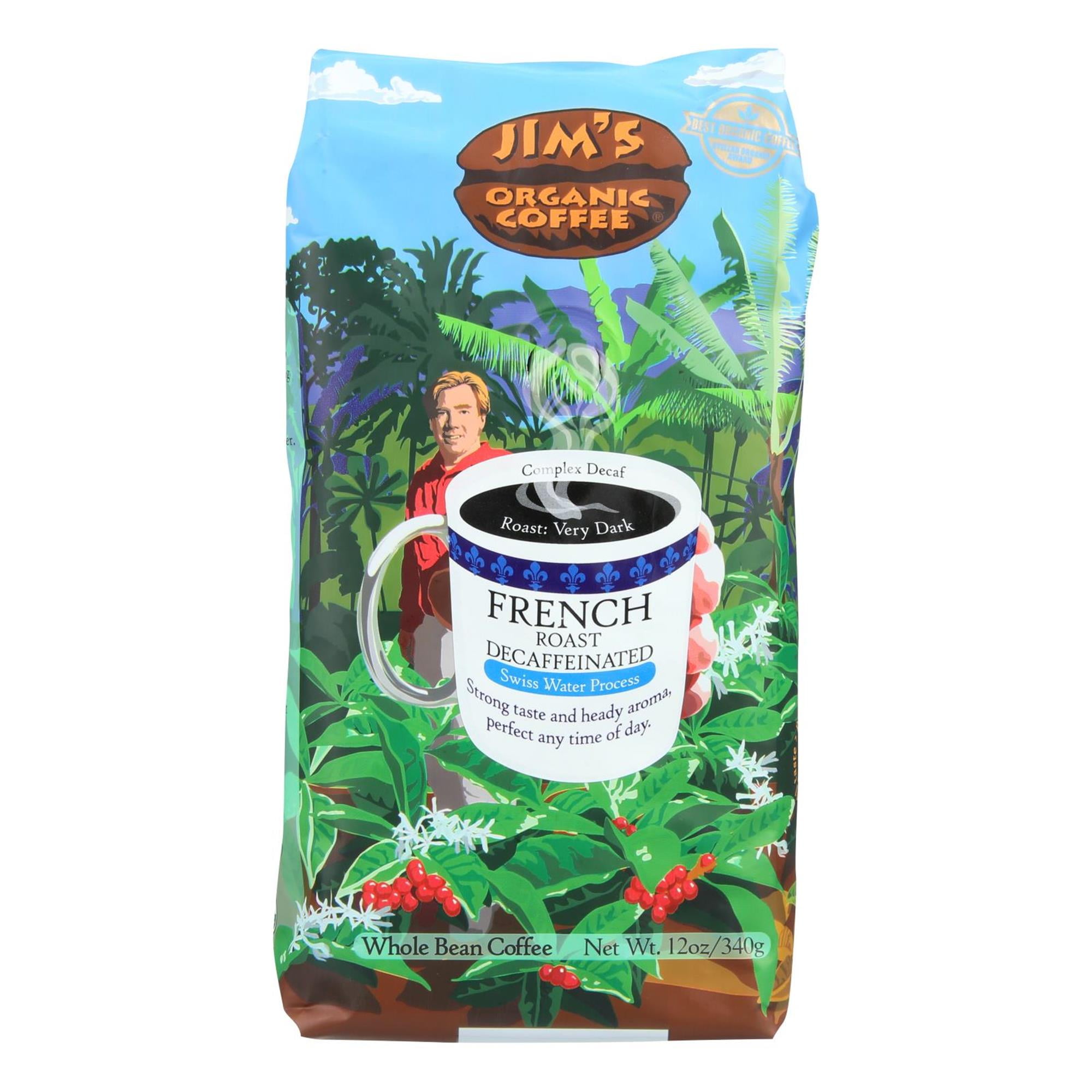 Jim's Organic Coffee French Roast Decaffeinated Whole Bean Coffee, 12