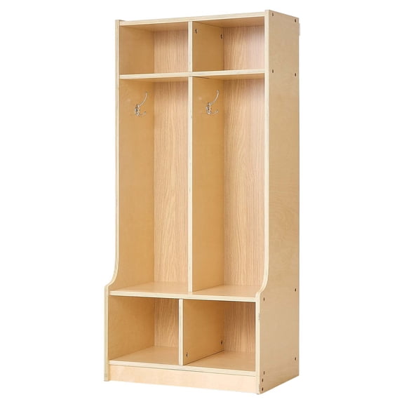 KFFKFF 2-Section Wooden Kids Coat Locker, Toddler Storage Organizer with 4 Hooks & Anti-Tip Kit, Modern Design with 4 Small Open Compartments for Home, Kindergarten, or Daycare, Natural Finish