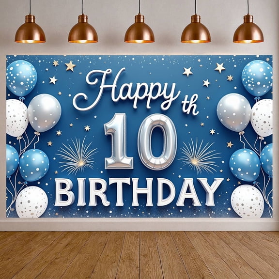Blue Theme Happy 10th Birthday Banner Silver Balloon 10th Birthday Display Starry Design Polka Dot Pattern Birthday Party Backdrop for 10th Birthday Party Kids Birthday Indoor Decoration