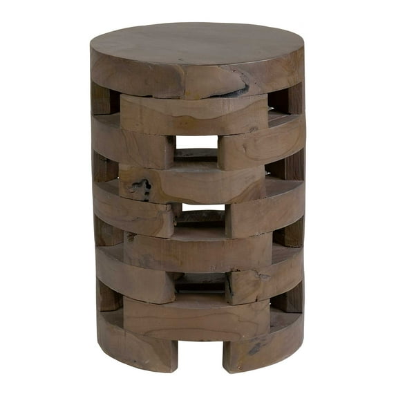 Maeve Grey Wash Open Slat Solid Wood Round Drum Accent Table by East at Main - Round Rustic Teak Wood Side Table / End Table (12x12x18)