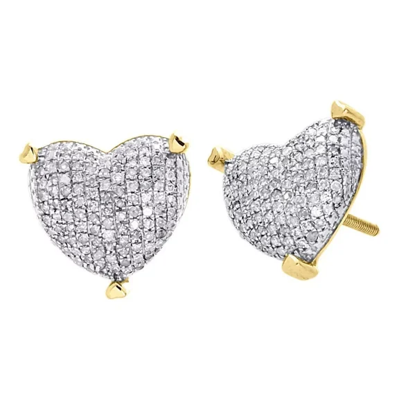 14K Yellow Gold Plated Sterling Silver 3D Heart Shape Puffy Stud Earrings – Cubic Zirconia Diamond Accents