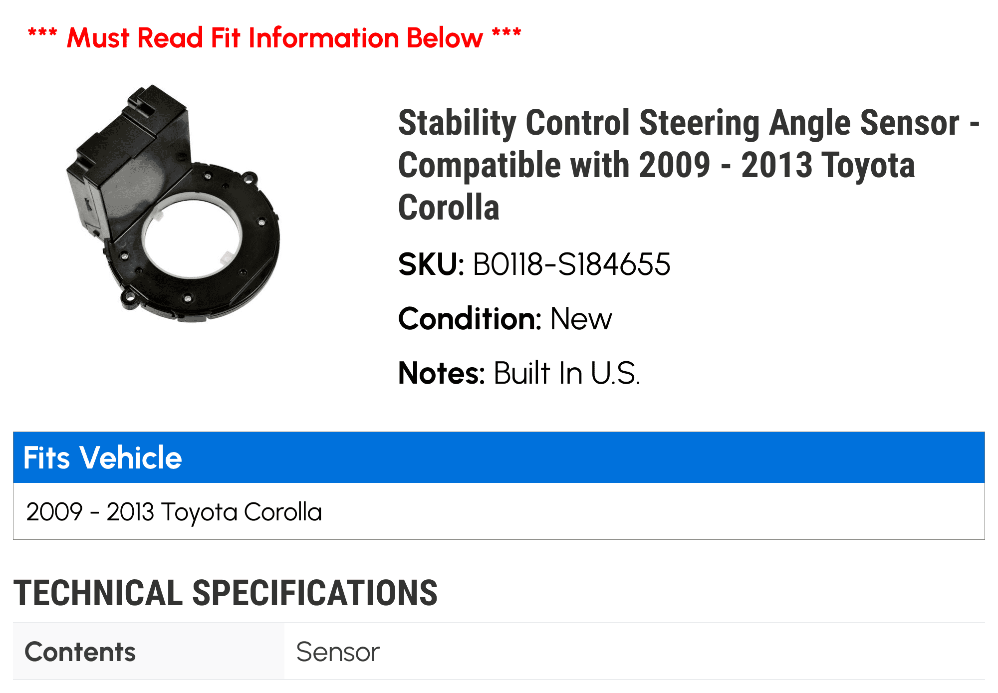 Stability Control Steering Angle Sensor - Compatible with 2009