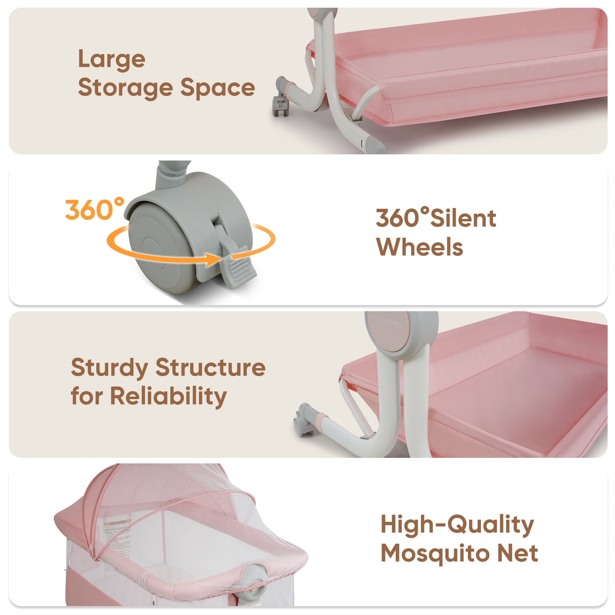 Babyeap 3 in 1 Baby Bassinet,Baby Basinet Bedside Sleeper,Standalone Baby Crib,6 Height Adjustable Portable Crib for Newborn,Pink