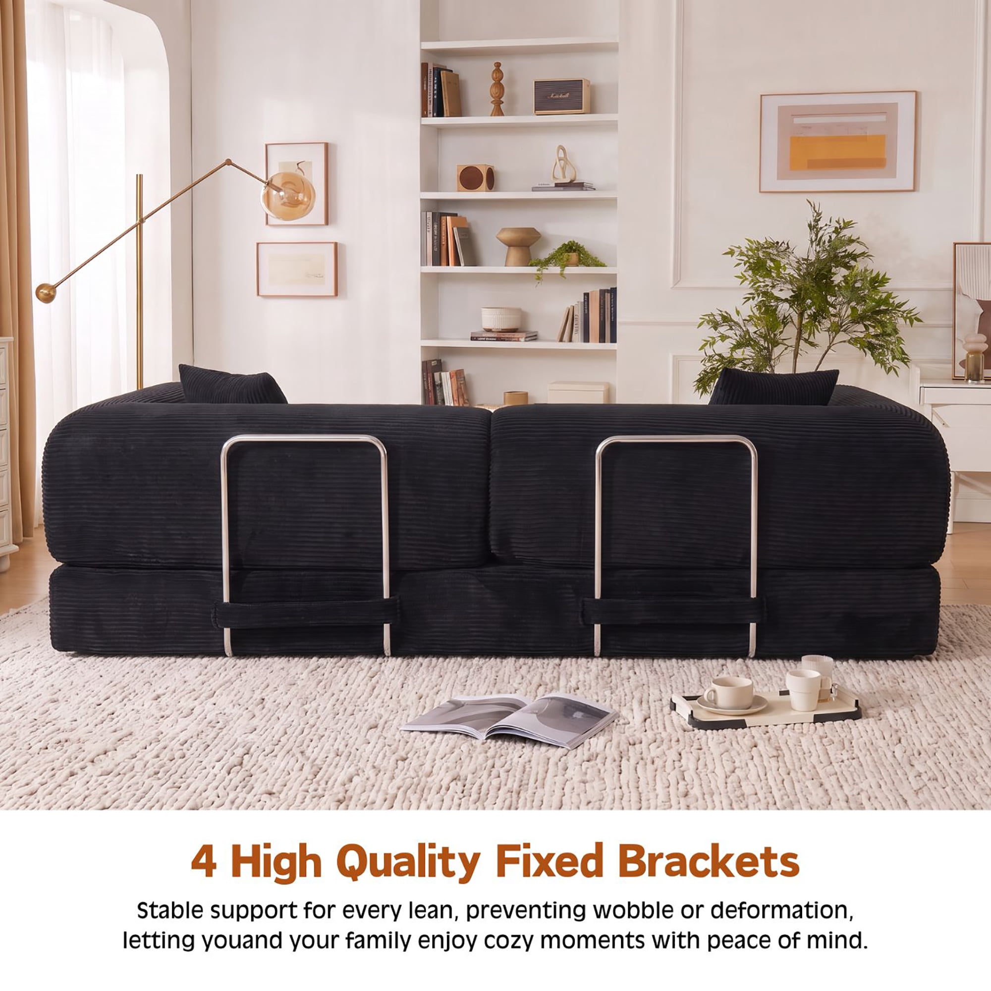 HOQBN Convertible Sofa Bed, Corduroy Fold Out Futon Sleeper Mattress with Pillows, Boneless Folding Floor Couch for Living Room Bedroom Black
