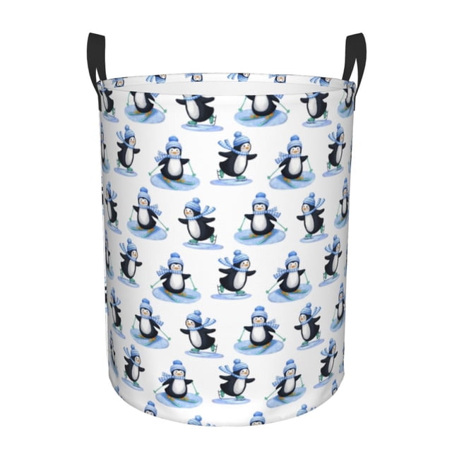 Balery Skiing Penguin Funny Cesta de ropa redonda con asas, impermeable, independiente, para ropa, juguetes, dormitorio y familia-Small