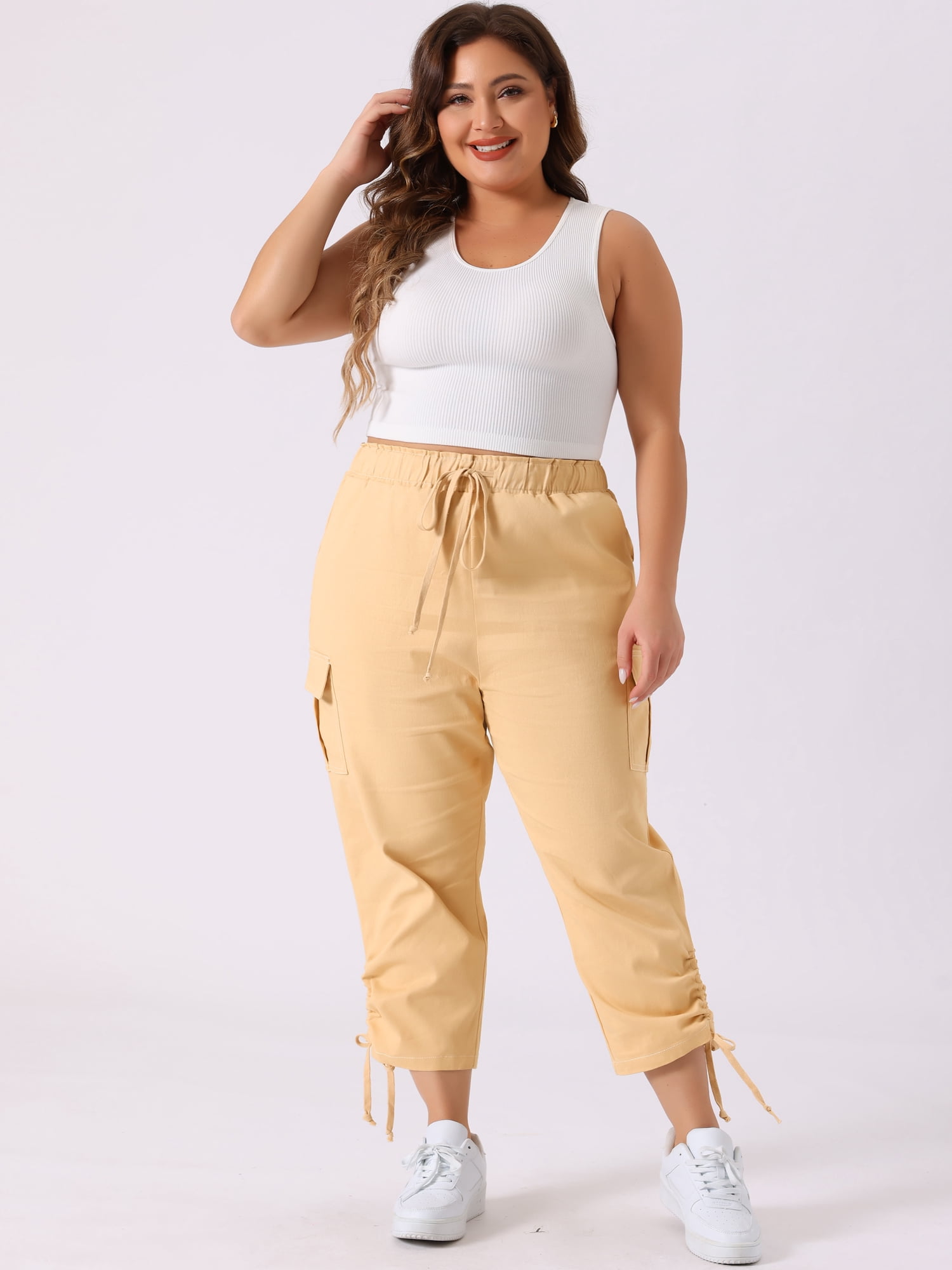 DARING DIVA Women's Plus Drawstring Elastic Waist Cargo Pants with Pocket 1X Beige