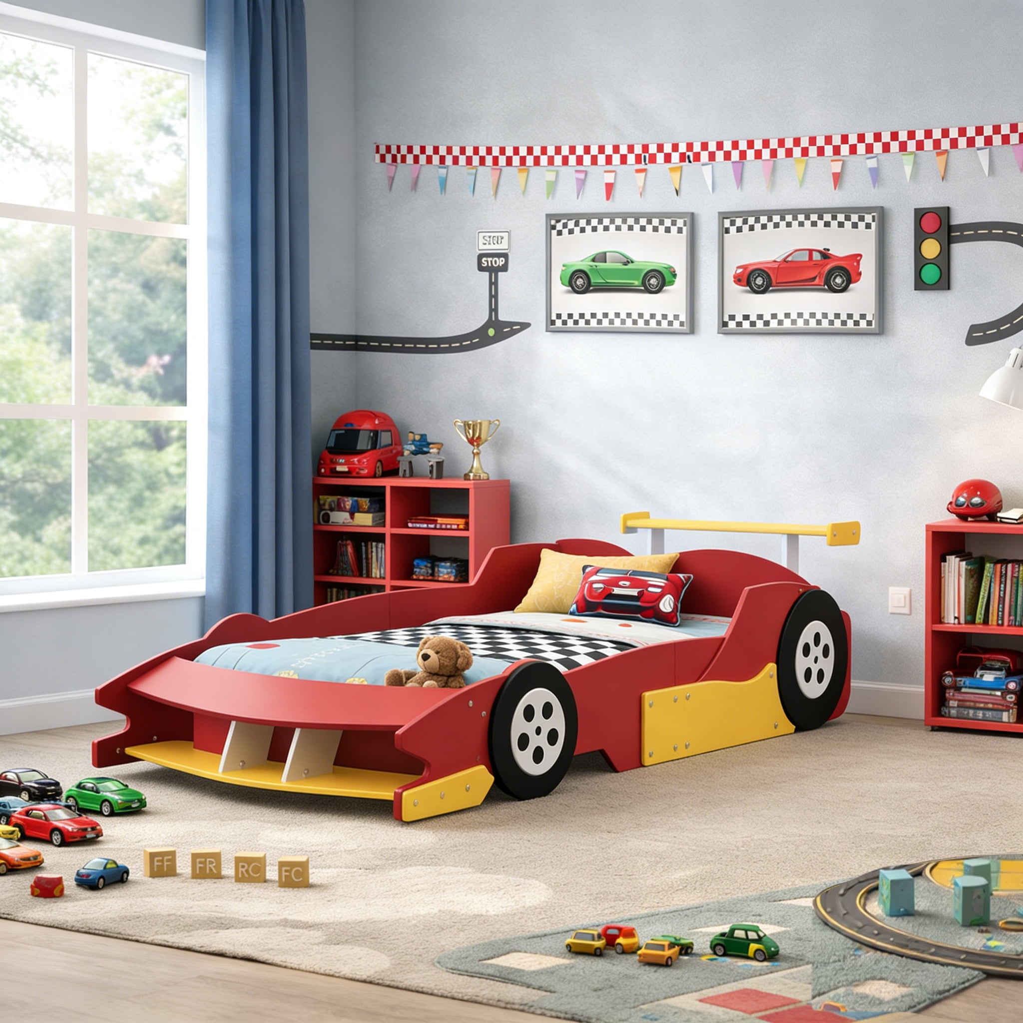 HICOMILA Twin Size Race Car-Shaped Platform Bed with Wheels, Car Bed Frame for Boys Girls, Wooden Twin Floor Bed, Red