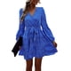 thumbnail image 1 of Vestido midi de manga larga con escote en V y estampado floral en color azul con lazo en la cintura para primavera/otoño, talla XL, 1 of 8
