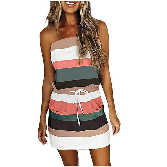 Henpk Summer Dresses for Women Striped T Shirt Dress Casual Midi Dress Short Sleeve Sundress with Pockets Casual Sleeveless Bandage Stripe Printing Loose Vest Sling Dress Green M