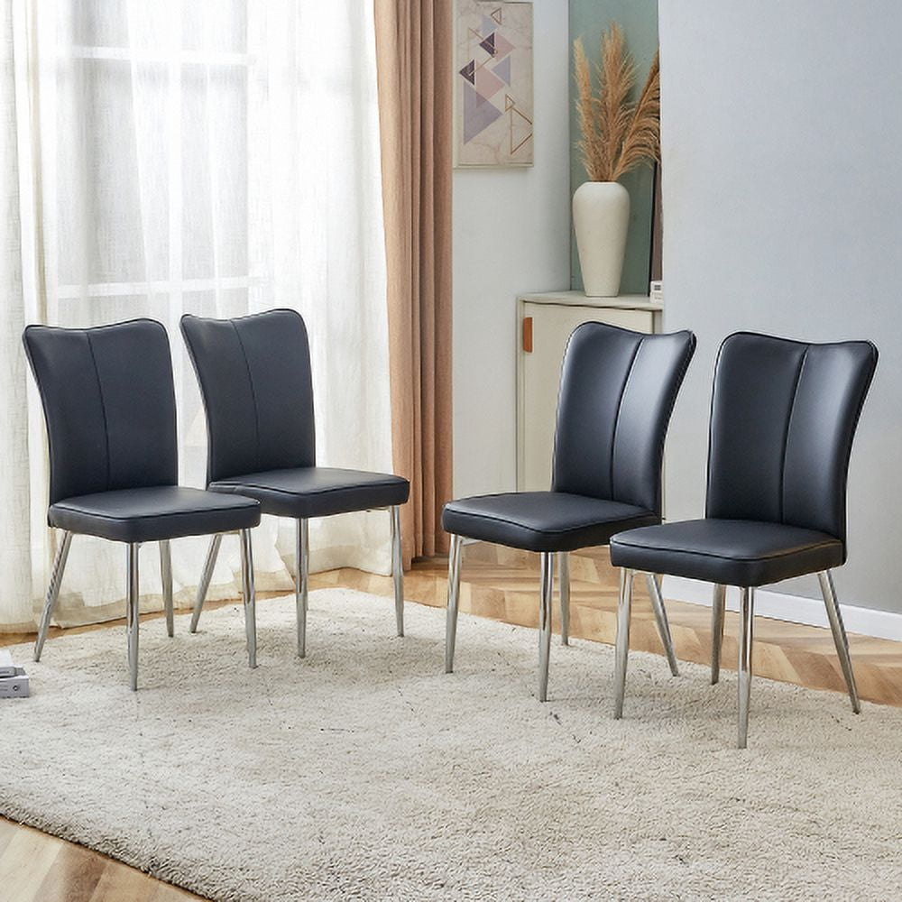 BSHTI Modern minimalist dining chairs, black PU leather curved backrest and seat cushions, electroplated metal chair legs, suitable for restaurants, bedrooms, and living rooms. A set of 4 chairs.