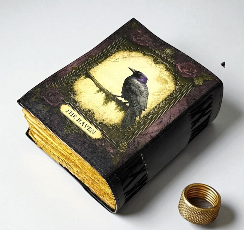 Handmade Leather Journal with Vintage Crow Artwork – 5x7 inch Notebook, 200 Handmade Papers, Antique Lock, Sketchbook & Gift Journal