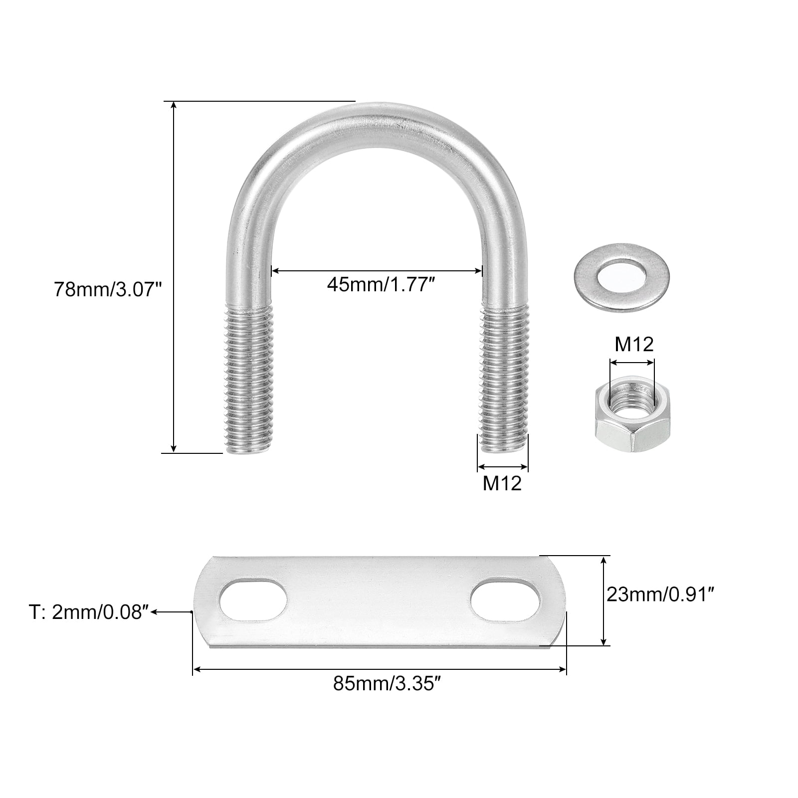 Round U-Bolts, 6 Sets 43mm(1.69") Inner Width 78mm Length M12 304 Stainless Steel U Clamp Bolt with Nuts and Plates