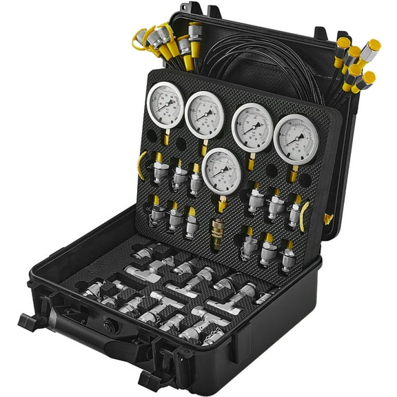 KFFKFF Hydraulic Gauge Test Kit, Includes 5 Gauges Ranging 10-600bar, 13 Couplings, 14 Tee Connectors & 5 Hoses. Ideal for Excavators, Tractors & Machinery, Comes in a Handy Carrying Case