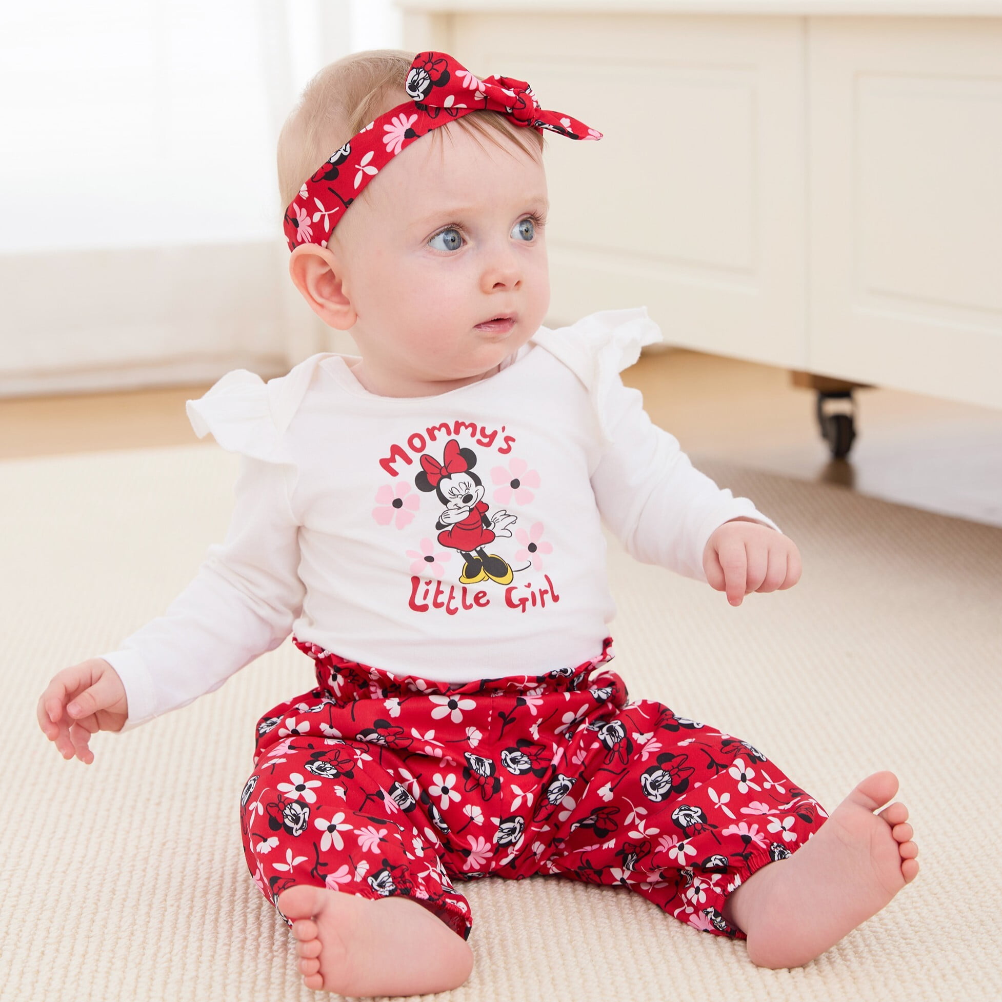 Disney Baby Clothes 3pcs Minnie Graphic Romper Bodysuit Floral Pants Outfit Set with Headband Gifts Newborn Infant