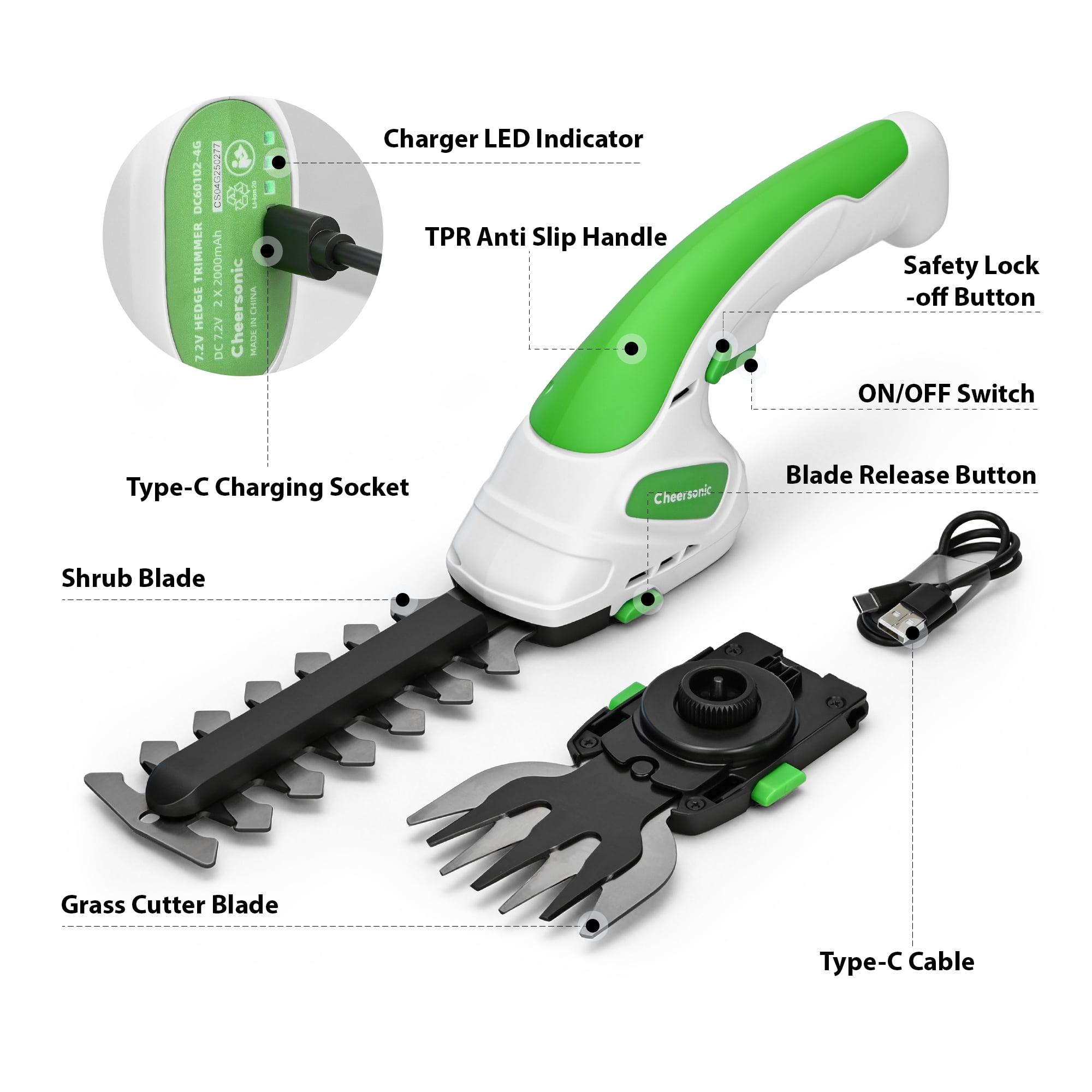 Cheersonic 7.2V Cordless 2-in-1 Grass Shear & Hedge Trimmer, Handheld Lightweight with 2000mAh Batteries & Type-C Cable for Small Bushes, Lawn Edging