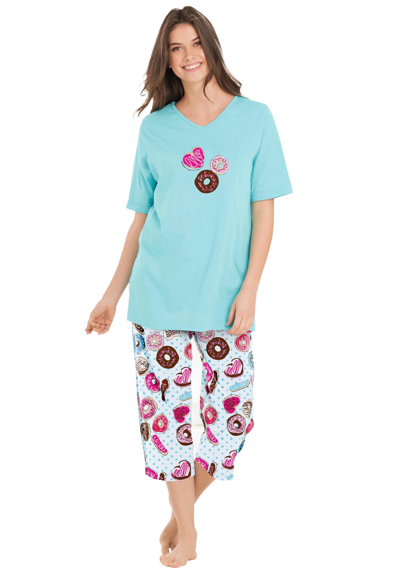 HONG HUI Women's Capri Pajama Sets Plus Size Sleepwear Top with Capri Pants 2 Piece Sleep Set 
