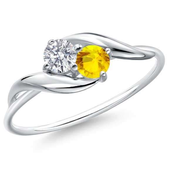 Gem Stone King 10K White Gold Round White Lab Grown Diamond and Yellow Sapphire Ring for Women (0.33 Cttw, Round 3.5MM, Gemstone April Birthstone, Size 9)