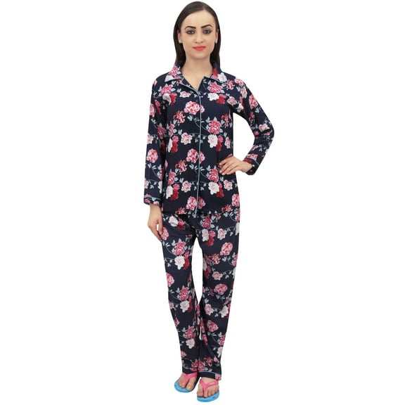 Bimba Floral Print Navy Blue Women's Shirt With Pajama Pants 2 Pcs Nightwear - 4