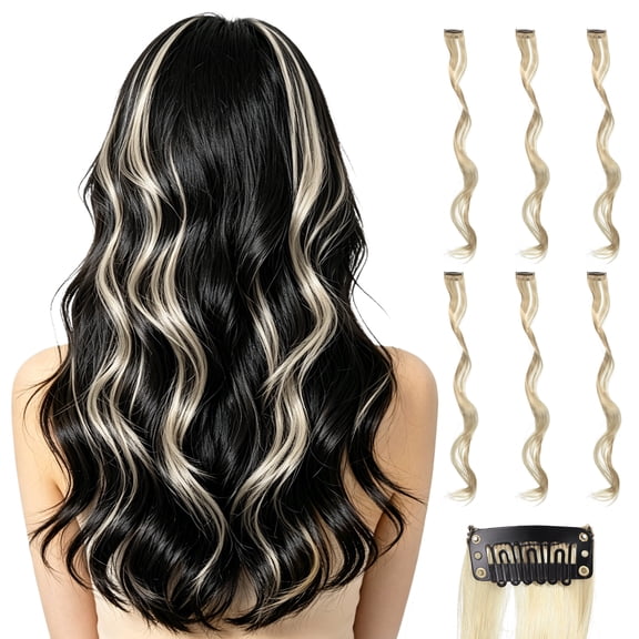 Uxcell 6 Pcs Colored Clip in Hair Extensions, 22 Inch Curly Hair Wavy Extensions for Women Girls Highlights Synthetic Wig for Party Cosplay Daily Hair Styling, Beige