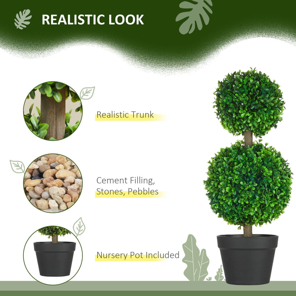 Kadyn 2 Pcs 23.5" Artificial Boxwood Ball Topiary Tree Set of 2 Fake Plants in Pot with Double Ball-Shaped Leaves Green