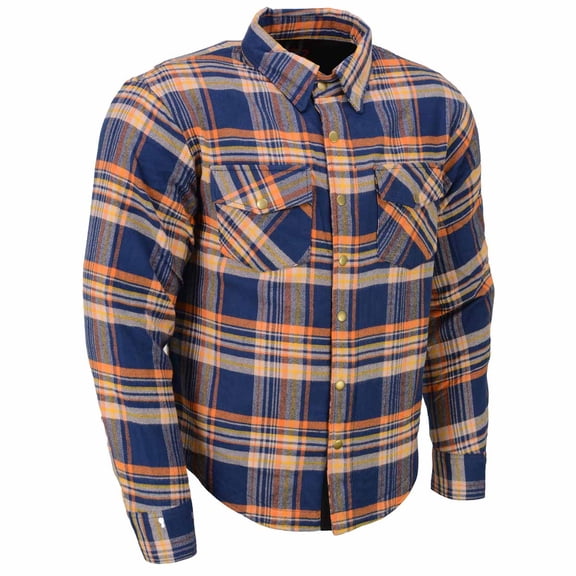 Milwaukee Leather MPM1656 Blue and Orange Flannel Biker Shirt for Men with CE Armor - Reinforced w/ Aramid Fiber Medium