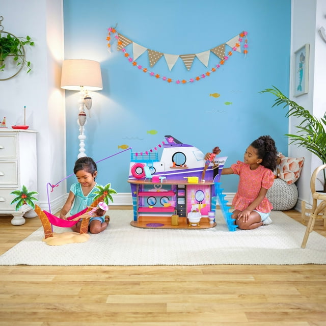 KidKraft Luxe Life 2-in-1 Wooden Cruise Ship and Island Doll Play Set with 18 Accessories