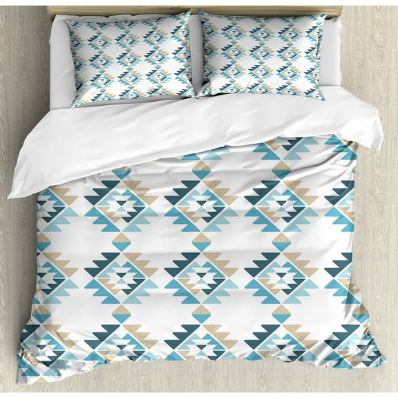Geometric Duvet Cover Set, Tribal Motifs Formed Triangles in Continuous Style Cold Soft Colors, Decorative 3 Piece Bedding Set with 2 Pillow Shams, Calking Size, Pale Sepia Slate Blue, by Ambesonne