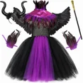 thumbnail image 4 of Disfraz de bruja de Halloween, Malefice, para niñas, color morado y negro, con tutú elegante, capa de plumas, disfraz de reina malvada, ropa para niños, 4 of 5