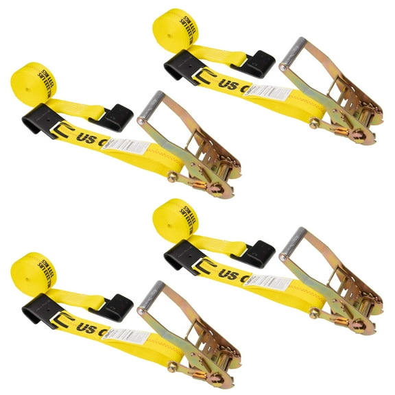 2" x 30' Yellow Ratchet Strap w/ Black Flat Hook - 4 Pack
