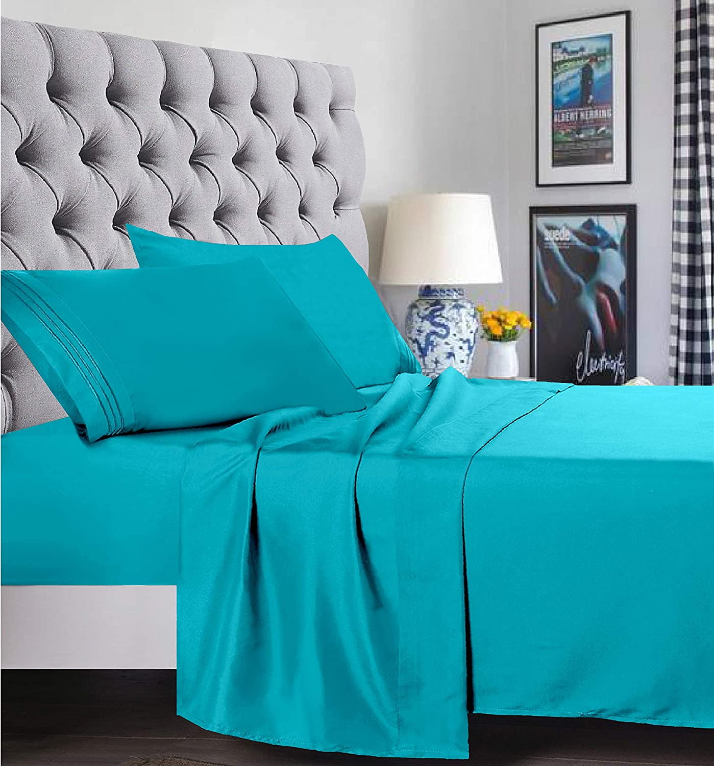 Bed Sheets Set, 1500 Series Deep Pocket 4 Piece Bed Sheet Set, Microfiber, Twin/Twin XL, Turquoise