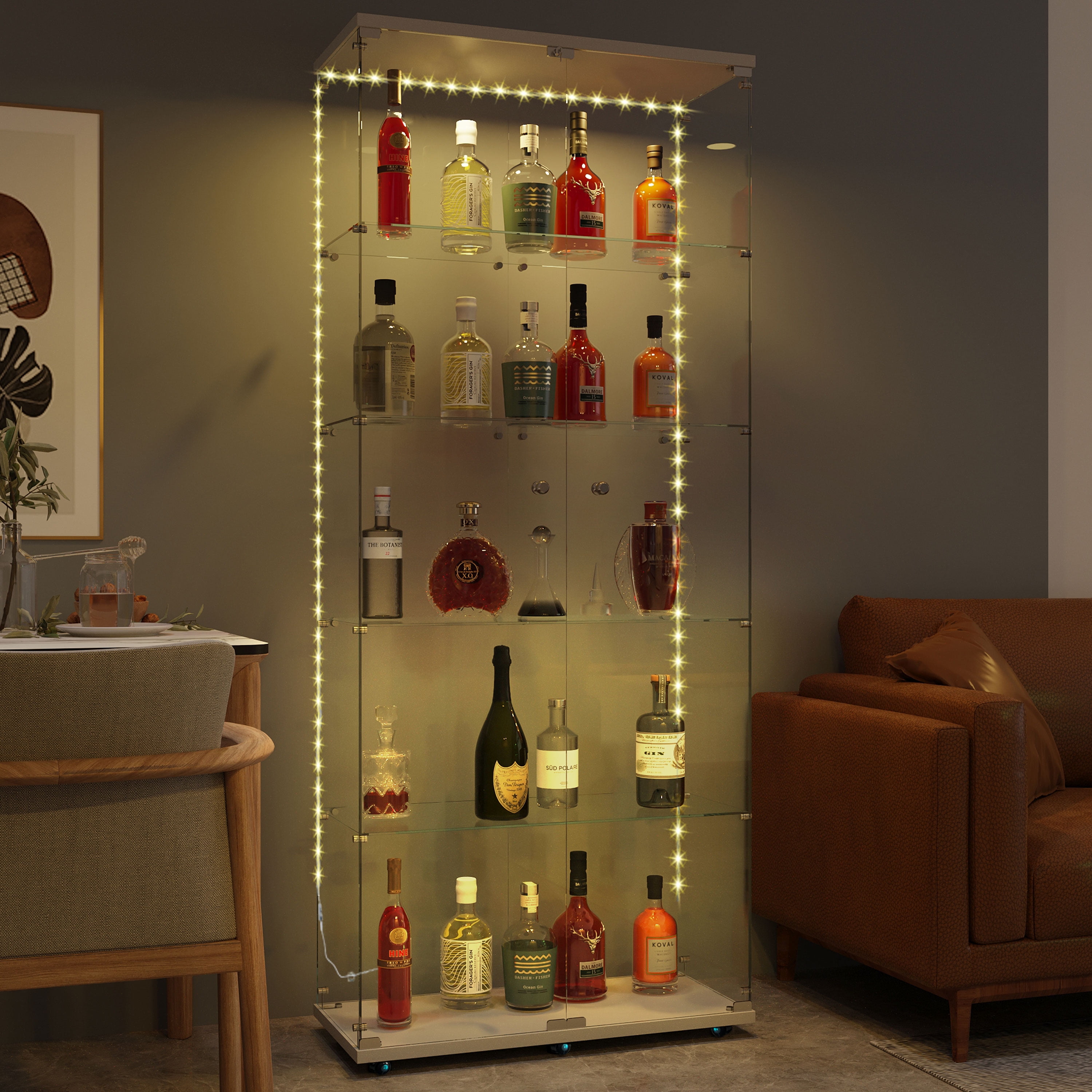 MAYEERTY 5 Tiers Glass Display Cabinet with Bluetooth LED Light Strip, Curio Storage Cabinet with 2 Door, White