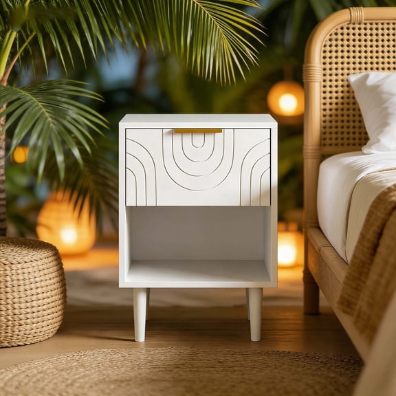 Solid Wood Leg Kids Bedside Table, White Nightstand with Gold Handle Drawer, Space-Saving End Table for Boys Girls Small Bedroom Areas