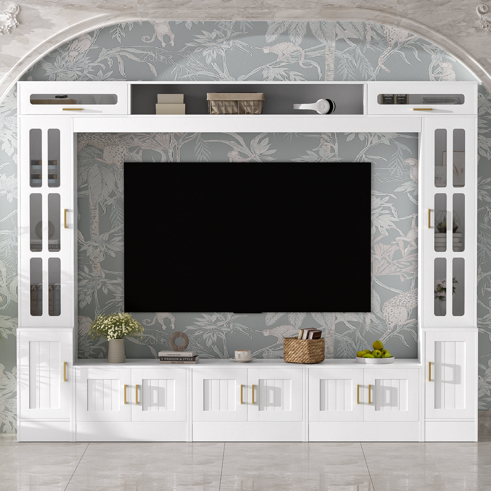 Euroco 98.4" W Wall Unit Entertainment Center with Bookshelves for TVs up to 80", Modern TV Stand Media Console with Cabinets, Tempered Glass Doors and Adjustable Shelves for Living Room