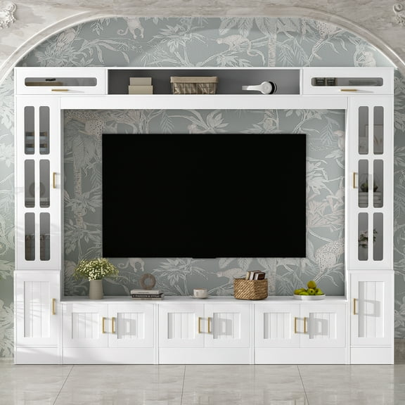 Aukfa Modern 98.4" Wall Unit TV Stand for TVs up to 80",Entertainment Center with Glass Doors & Storage Cabinets for Living Room Furniture, White