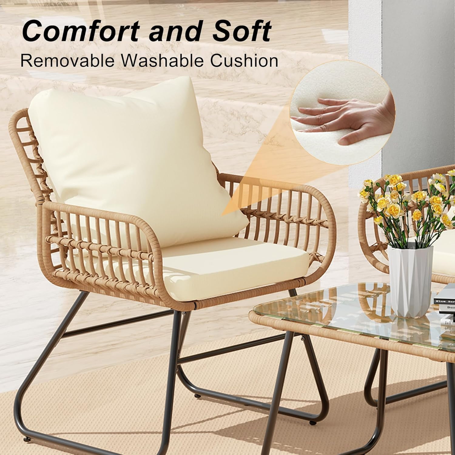 LHBcraft 4-Piece Outdoor Patio Furniture Set - All-Weather Wicker Conversation Set with Cushions & Tempered Glass Table