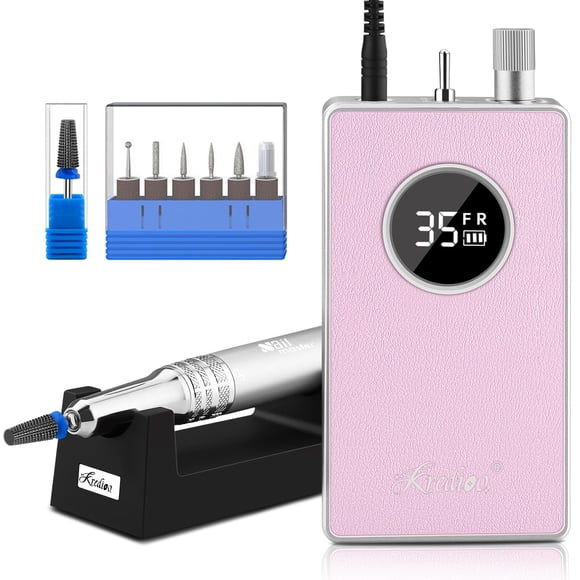 Kredioo Nail Drill Professional Super Quiet with Coreless Motor 35000RPM Electric File 6+1 Tungsten Bits Kit Portable Strong Drill para uñas Profe