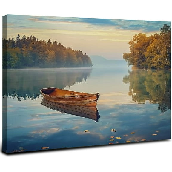 JRXY  Lake Canvas Wall Art Decor: Nature Landscape Picture Boat Scenery Painting Print Relaxing Forest Water Artwork for Bedroom Living Room Home Office Decoration 20x16inch
